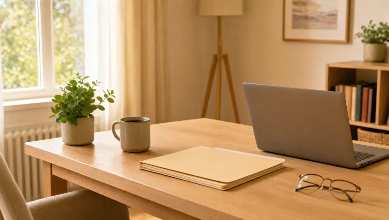 Derselbe Schreibtisch aufgeräumt: ein geschlossener Stapel Mappen, ein Laptop, eine Tasse Kaffee.